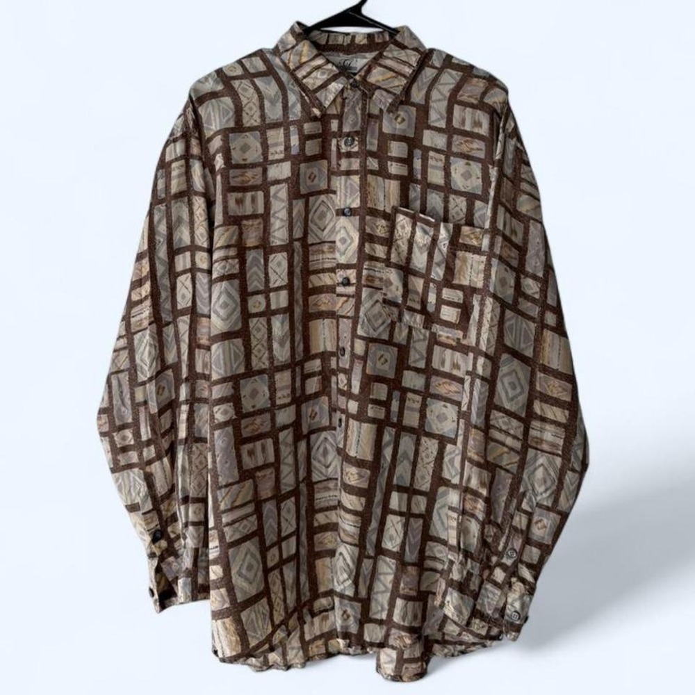 Gabicci Mens Geometric Print Long Sleeve Button Up Shirt Size Large‎ Silk Blend
